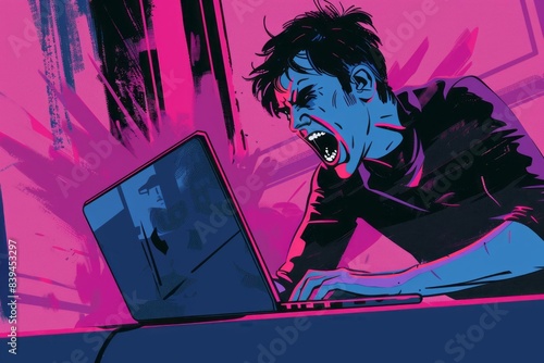 illustration of a man angry at a laptop screen, rage , frustrated , stress, mad , furious