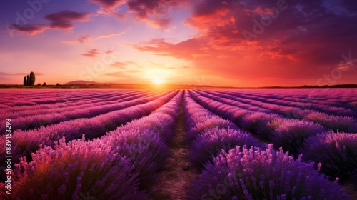 Vibrant Lavender Field at Sunset with Majestic Sky