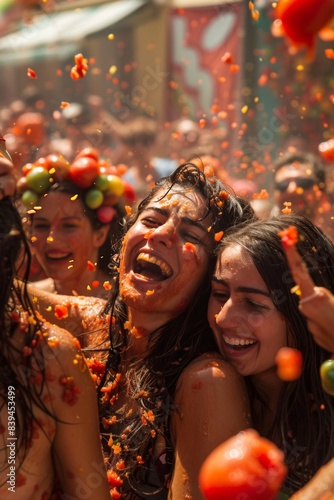 Wallpaper Mural La Tomatina festival. Young women covered in tomato pulp celebrating La Tomatina festival. Torontodigital.ca