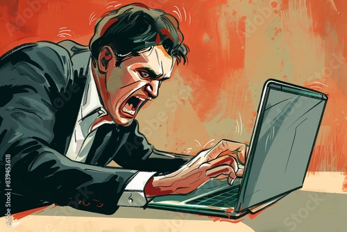 illustration of a man angry at a laptop screen, rage , frustrated , stress, mad , furious
