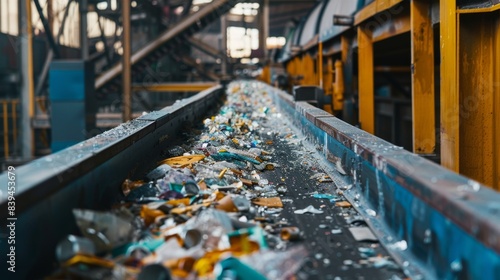 Conveyor belt with recyclable waste in a recycling plant. Industrial process photography