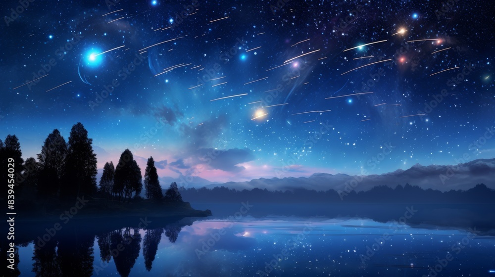 Starry night sky with meteor shower over a forest and lake. Starry night sky with meteor shower over a forest and lake.