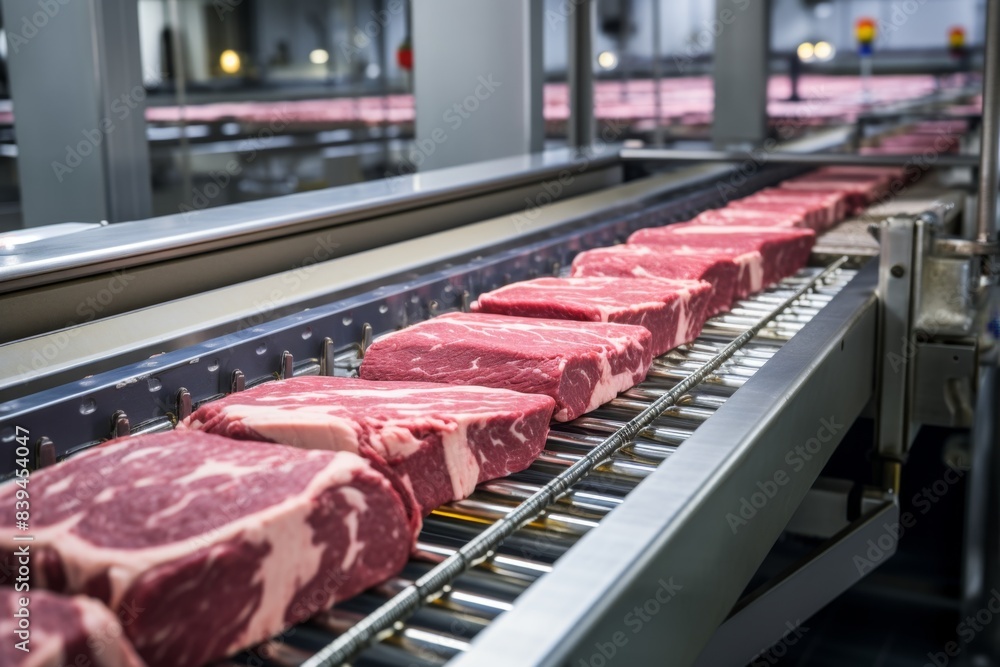 Raw steaks on conveyor belt in processing plant. Industrial photography Raw steaks on conveyor belt in processing plant. Industrial photography