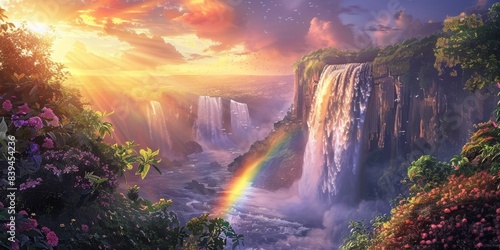 Rainbow and waterfall scene in a peaceful setting