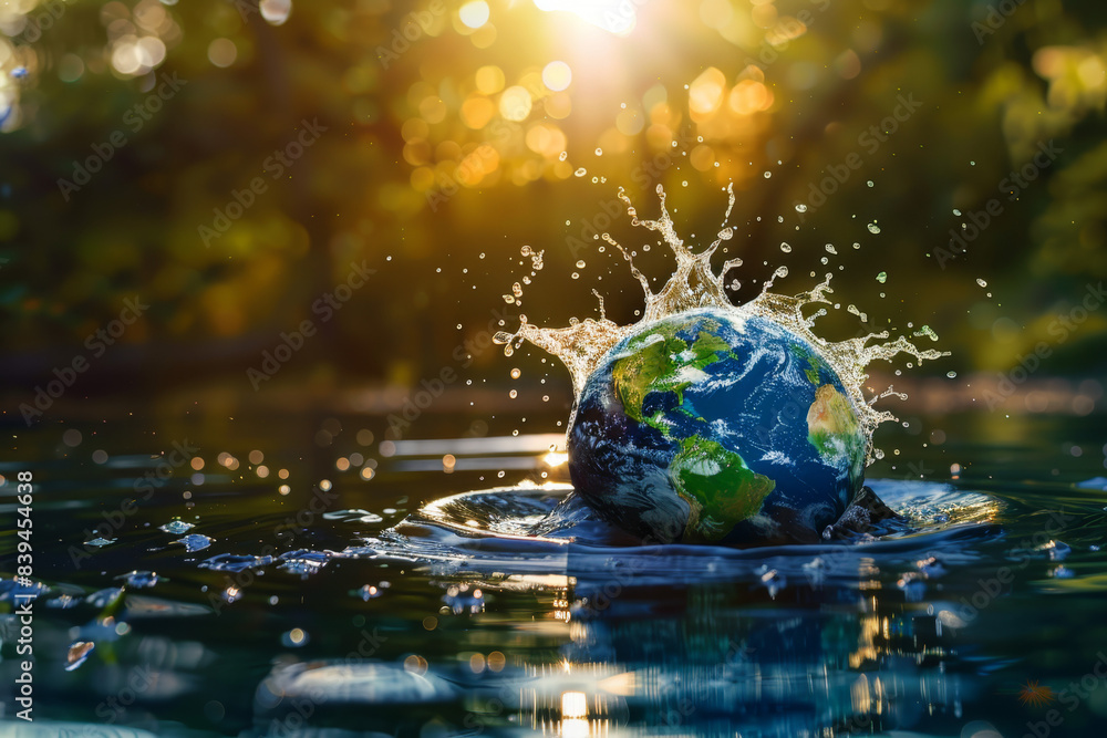 The earth planet with a water splash and reflection on a natural background, in the concept of environment protection world day or global warming concept The earth planet with a water splash and reflection on a natural background, in the concept of environment protection world day or global warming concept