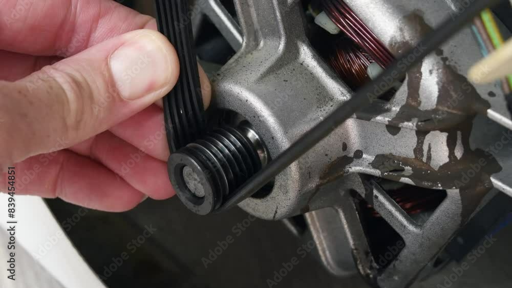 Service worker inspects the drive belt of the washing machine's electric motor. Repair the washing machine. Service worker inspects the drive belt of the washing machine's electric motor. Repair the washing machine.