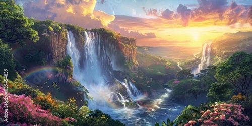 Rainbow and waterfall scene in a calm ambiance