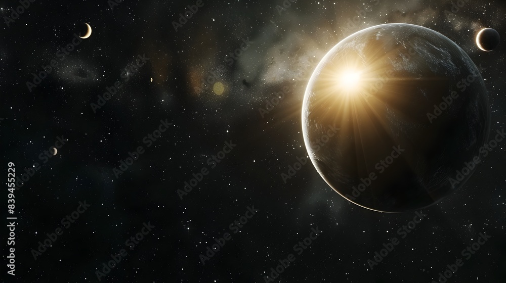 Fototapeta premium Dramatic Celestial Sunrise Over Majestic Planetary Orb Floating in Vast Starry Cosmos