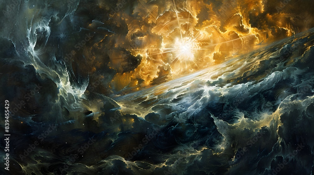 Fototapeta premium Dramatic Fiery Cloudscape with Explosive Celestial Ignition and Turbulent Atmospheric Energy