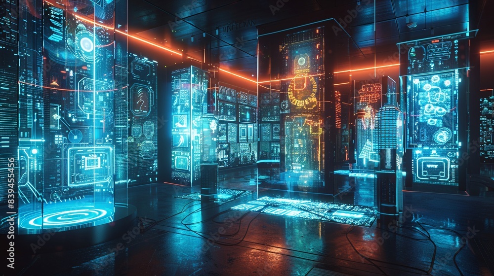 A room filled with digital decorations, including holographic banners and augmented reality party props, centered around a futuristic centerpiece A room filled with digital decorations, including holographic banners and augmented reality party props, centered around a futuristic centerpiece