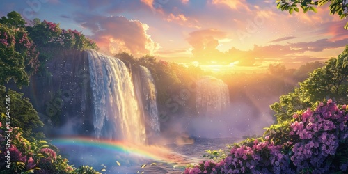 Rainbow and waterfall scene in a peaceful atmosphere