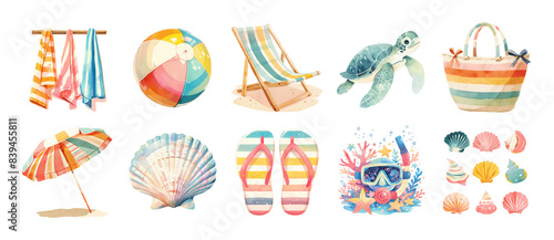 Collection of beach-themed watercolor illustrations isolated on transparent background. Travel and vacation concept. Design for stickers,  t-shirts, summer product advertisement.