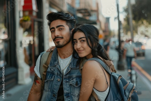 Portrait of a content latino couple in their 20s wearing a rugged jean vest isolated in busy urban street