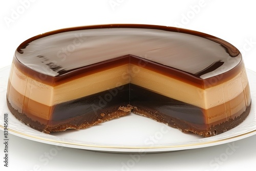 Rich and creamy chocolate and caramel layered cake, set against a white background, creating a luxurious and indulgent dessert perfect for any special occasion