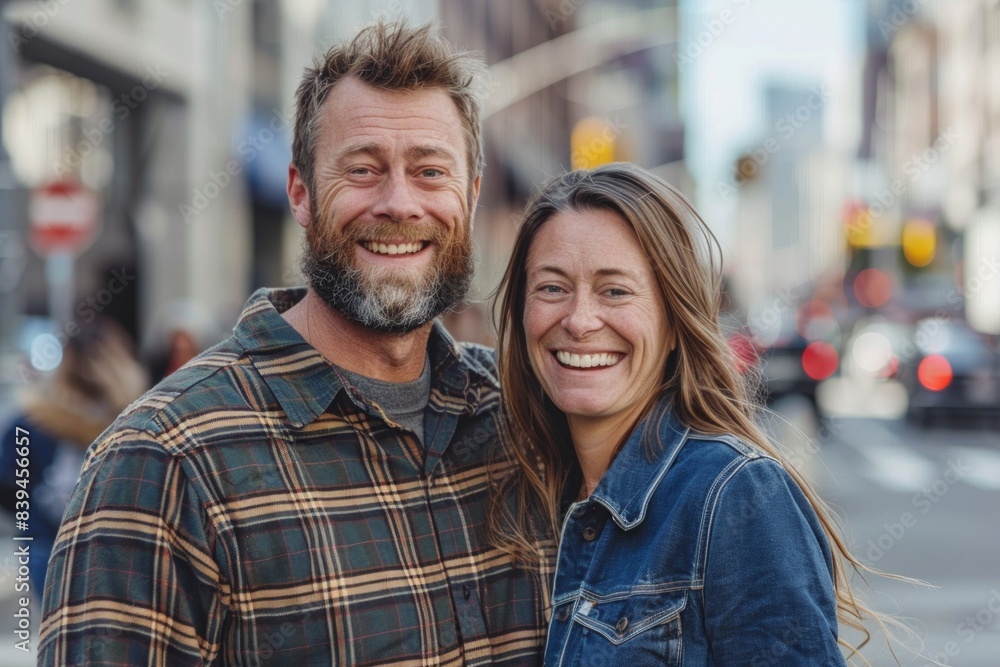 Portrait of a grinning caucasian couple in their 30s dressed in a relaxed flannel shirt in front of busy urban street Portrait of a grinning caucasian couple in their 30s dressed in a relaxed flannel shirt in front of busy urban street