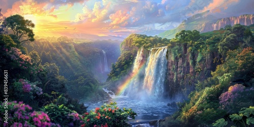 Rainbow and waterfall scene in a peaceful mood