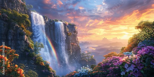Rainbow and waterfall scene in a calm mood