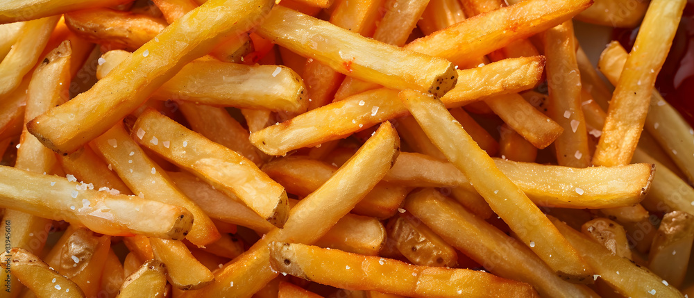 Close-up shot of a plate piled high with perfectly-seasoned French fries. The fries range in size and shape, with some thick and fluffy and others thin and crispy. A generous sprinkling of sea salt Close-up shot of a plate piled high with perfectly-seasoned French fries. The fries range in size and shape, with some thick and fluffy and others thin and crispy. A generous sprinkling of sea salt