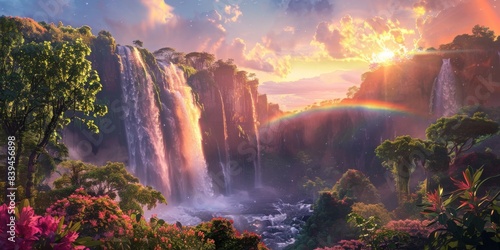 Rainbow and waterfall scene in a serene mood