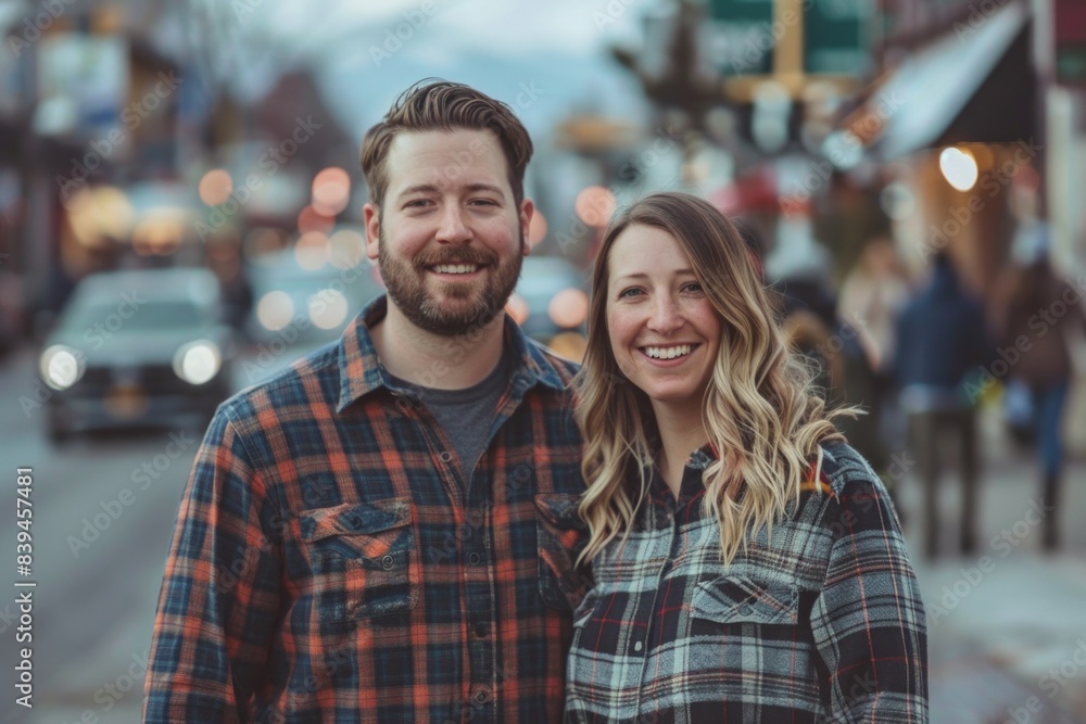 Portrait of a grinning caucasian couple in their 30s dressed in a relaxed flannel shirt over busy urban street Portrait of a grinning caucasian couple in their 30s dressed in a relaxed flannel shirt over busy urban street