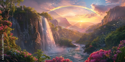 Rainbow and waterfall scene in a peaceful nature