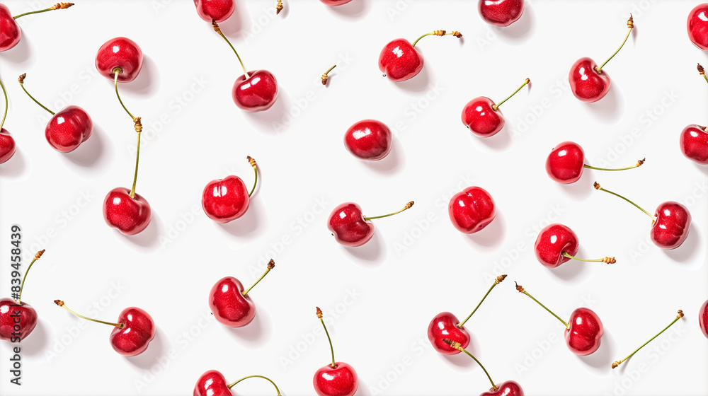 Fresh red cherries scattered on a white background , tileable, seamless. Fresh red cherries scattered on a white background , tileable, seamless.