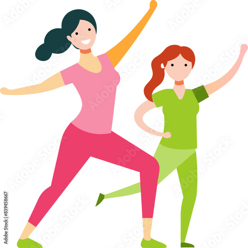 Women and girl doing aerobics at home illustration