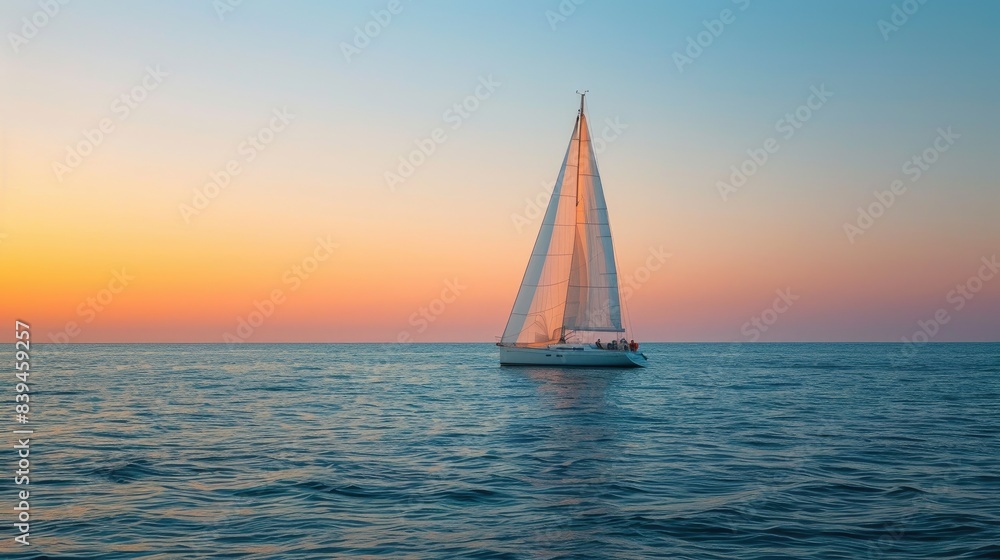 Fototapeta premium Sailboat at Sunset, Gliding Through the Ocean