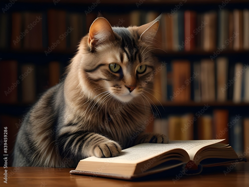 cat reading book, 16:9 widescreen backdrop / wallpaper Generative AI cat reading book, 16:9 widescreen backdrop / wallpaper Generative AI