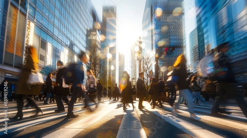 people walking in a busy city street with the sun shining, a blurry image
