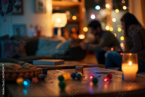 a couple sitting in a living room with a candle and a table, blurred
 photo