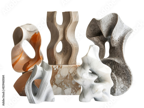 A collection of modern abstract sculptures in various shapes and materials, perfect for contemporary art and design inspiration.transparent, png,