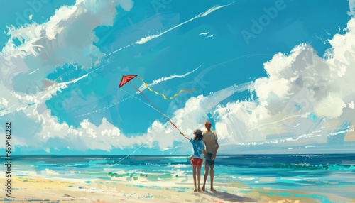 Joyful Moment: A couple enjoying kite flying on the beach -ar 7:4
