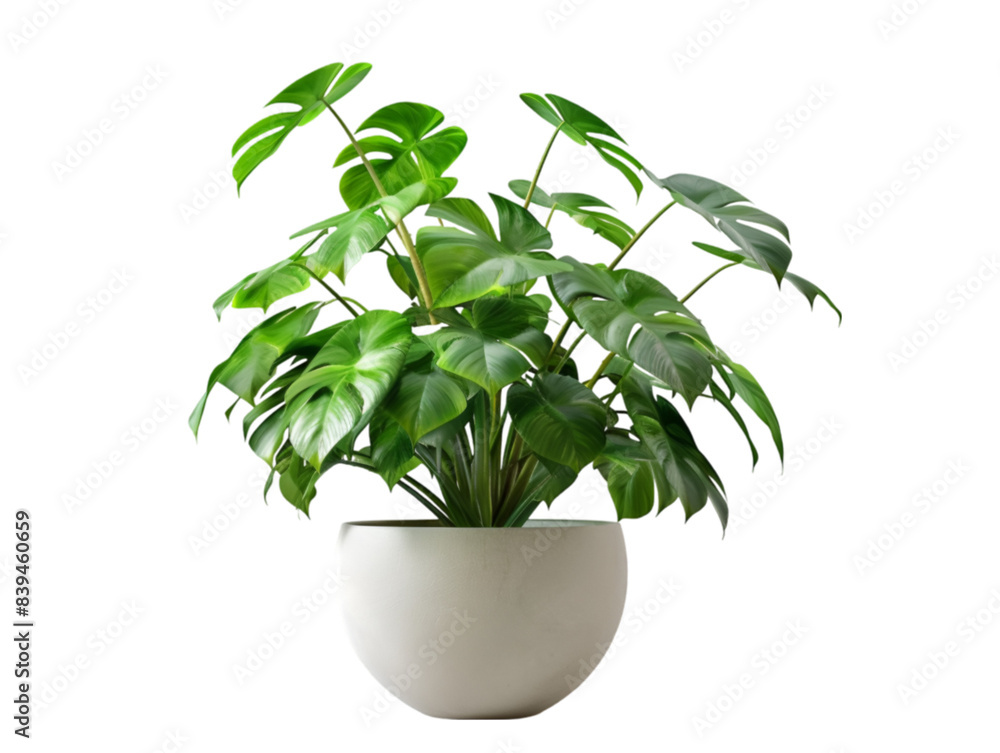 Vibrant green monstera plant with large leaves in a modern white pot, isolated on a white background. Perfect for interiors and home decor themes.transparent, png, Vibrant green monstera plant with large leaves in a modern white pot, isolated on a white background. Perfect for interiors and home decor themes.transparent, png,