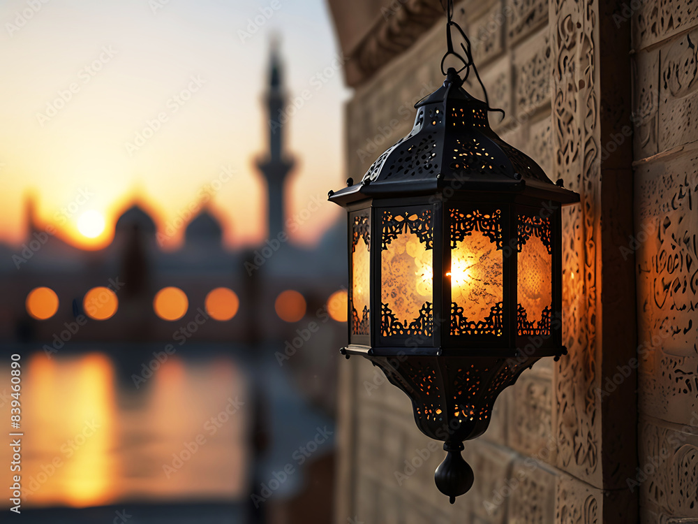 An Islamic lantern with a blurred mosque in the background. Generative AI An Islamic lantern with a blurred mosque in the background. Generative AI