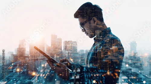 Business network connection, Teamwork, Deal, Partnership and data exchange, Investment analysis, planning and strategy. Businessman working with digital device on smart city photo