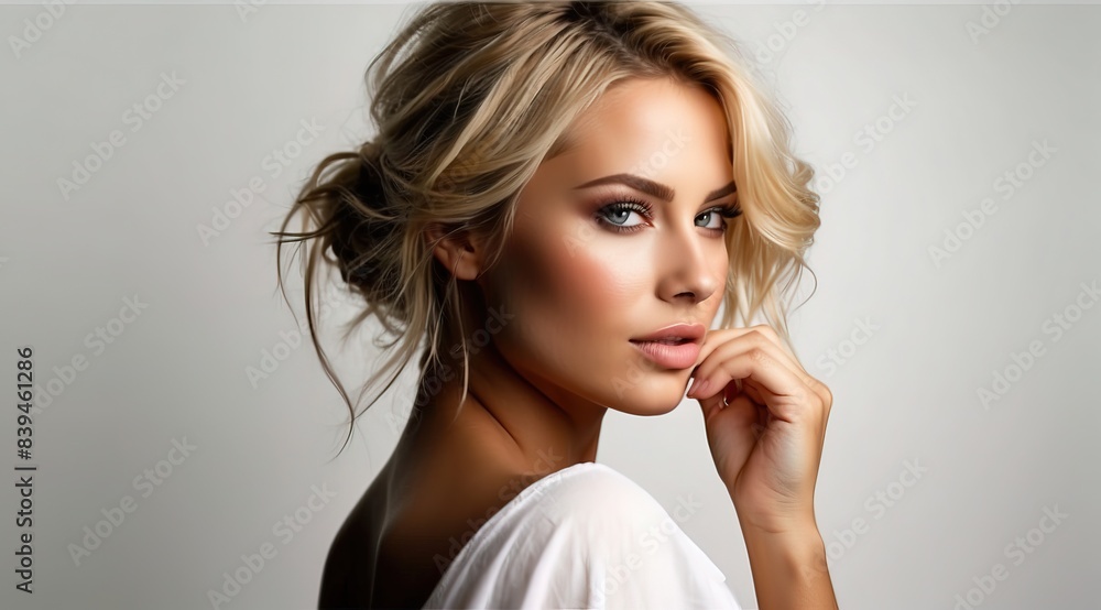 Blonde woman model wearing trendy clothes and makeup, model in trendy dress, photoshoot Blonde woman model wearing trendy clothes and makeup, model in trendy dress, photoshoot