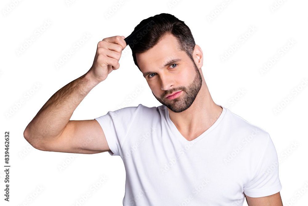 Close up photo amazing he him his macho perfect appearance hands arms plastic hair styling brush take care hairdo after barber shop stylist visit wear casual white t-shirt isolated grey background Close up photo amazing he him his macho perfect appearance hands arms plastic hair styling brush take care hairdo after barber shop stylist visit wear casual white t-shirt isolated grey background