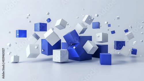 Abstract 3D Render of White and Blue Cubes Floating in Space, Minimalist Geometric Design, Modern Art, Digital Illustration