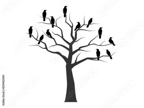 Crows and ravens on the old dead tree with  branches, twigs. concept for Halloween, horror, scary. vector illustration isolated on white background.