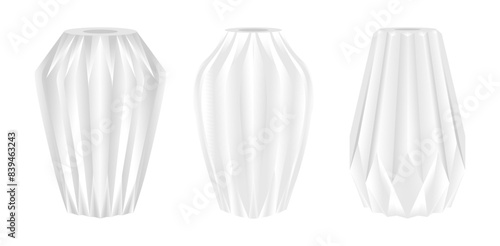 white vase vector set, porcelain vessel for flowers. trendy vase with geometric texture. vector illustration isolated on white background.