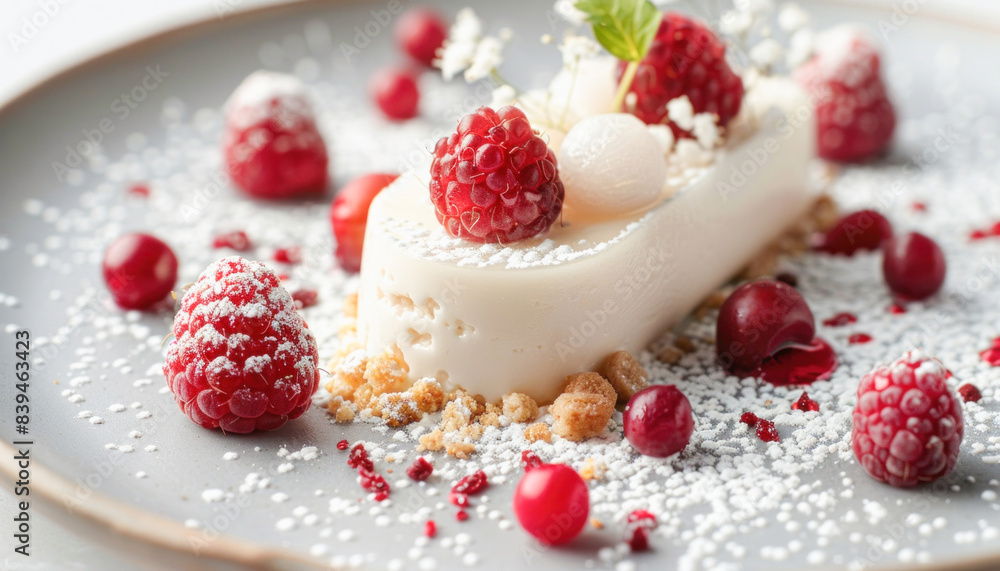 A delicious dessert featuring raspberries and a sprinkle of powdered sugar served on a plate A delicious dessert featuring raspberries and a sprinkle of powdered sugar served on a plate