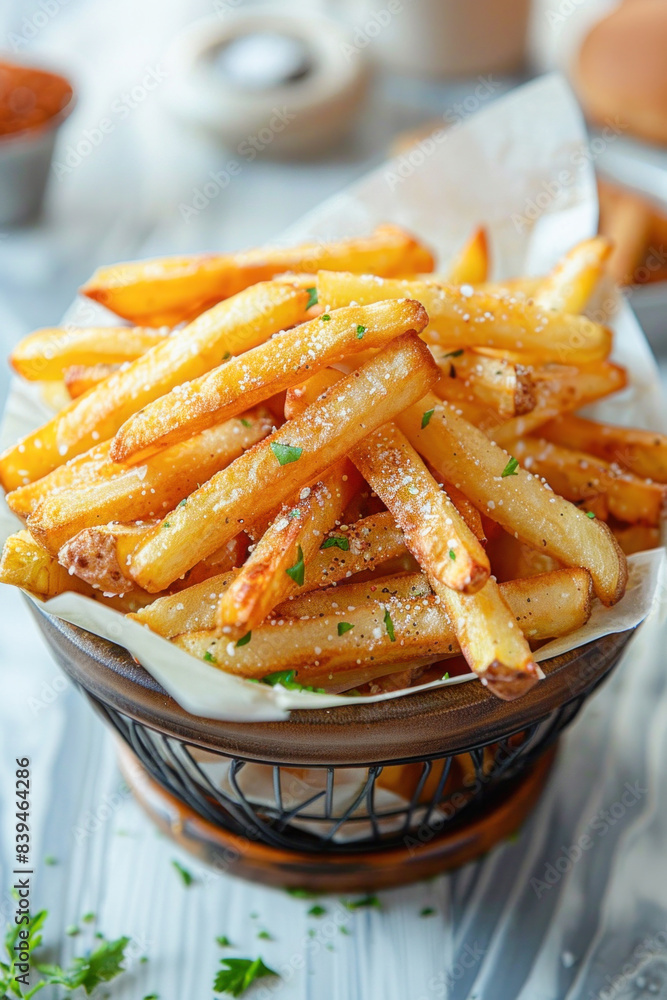 Basket of French fries on a wooden table, ideal for snacking or sharing with friends Basket of French fries on a wooden table, ideal for snacking or sharing with friends
