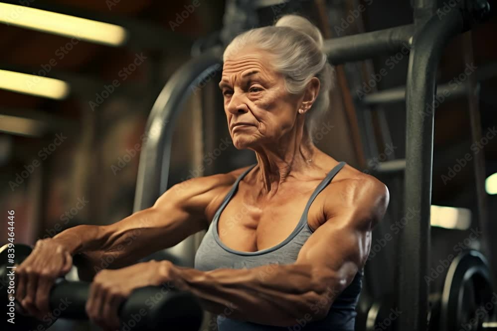 Elderly woman working out on a machine at the gym, demonstrating strength, determination, and fitness. Elderly woman working out on a machine at the gym, demonstrating strength, determination, and fitness.
