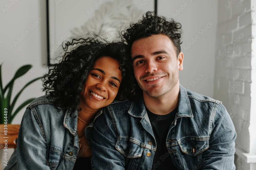 Portrait of a blissful multicultural couple in their 30s sporting a rugged denim jacket on modern minimalist interior Portrait of a blissful multicultural couple in their 30s sporting a rugged denim jacket on modern minimalist interior