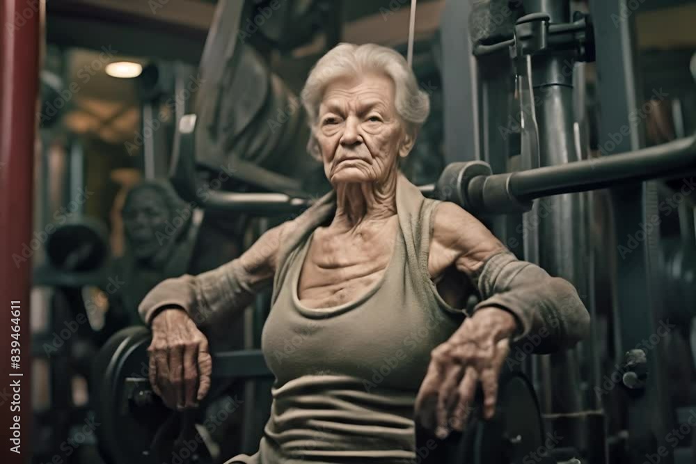 Elderly woman confident and determined at the gym, showcasing strength and fitness in an inspiring workout session. Elderly woman confident and determined at the gym, showcasing strength and fitness in an inspiring workout session.