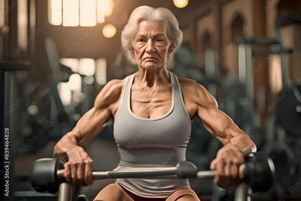 Portrait of elderly muscle woman exercising in gym Portrait of elderly muscle woman exercising in gym
