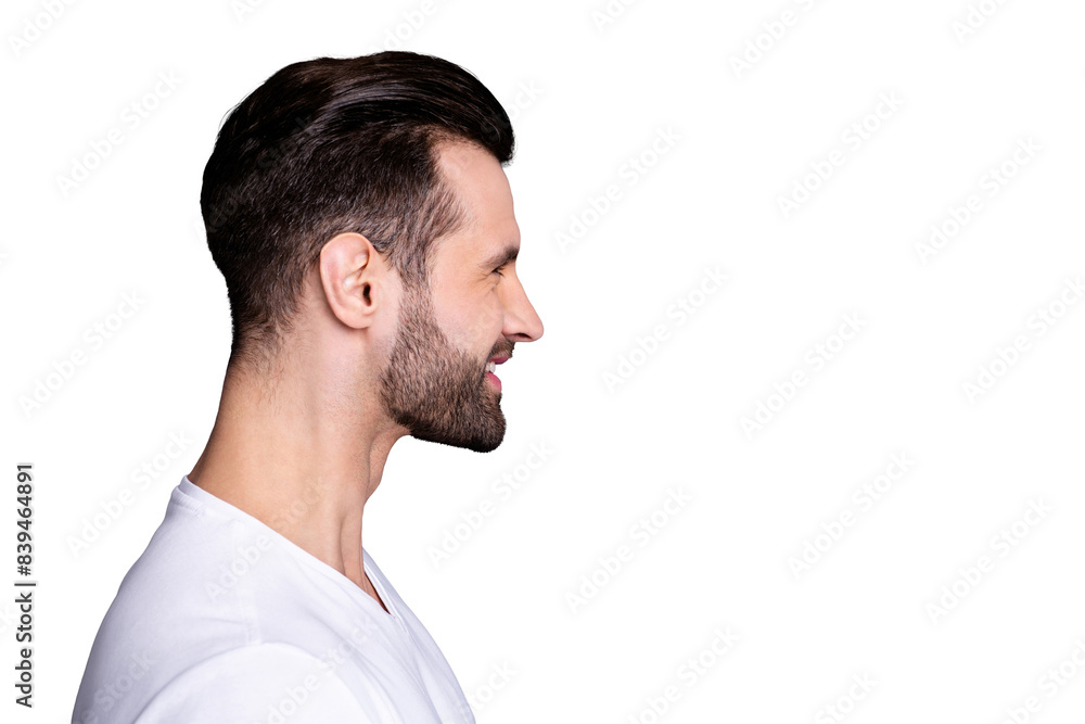 Close up side profile photo amazing he him his wondered funny macho perfect ideal appearance easy-going reliable person reveal teeth laughter wear casual white t-shirt isolated grey background Close up side profile photo amazing he him his wondered funny macho perfect ideal appearance easy-going reliable person reveal teeth laughter wear casual white t-shirt isolated grey background