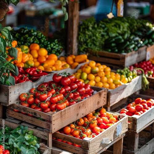 Fresh vegetables and fruits displayed in wooden crates at a vibrant outdoor market, showcasing a variety of colorful, healthy produce.