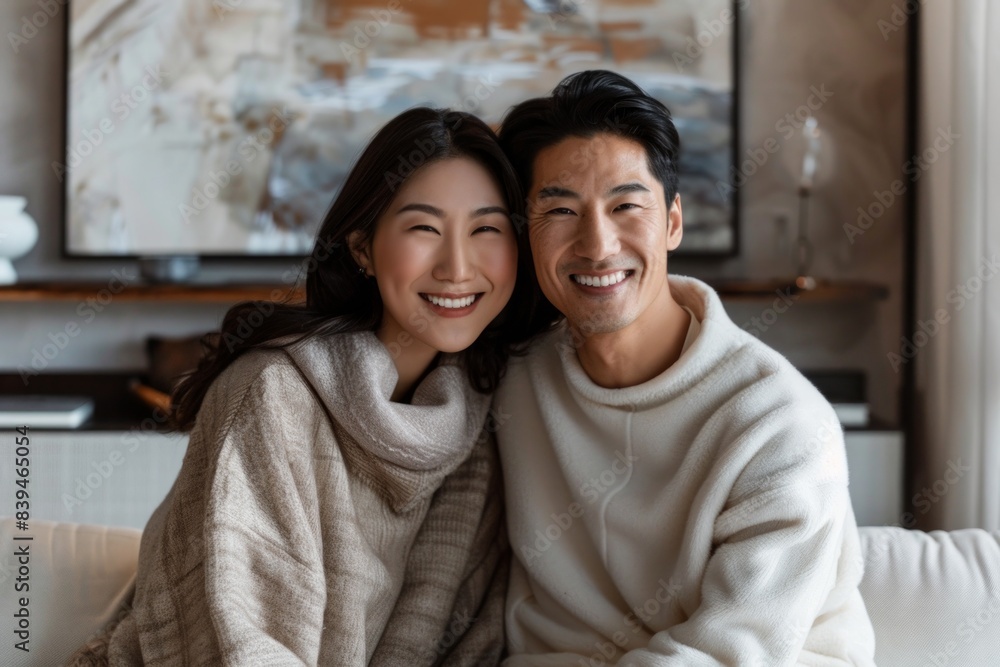 Portrait of a joyful asian couple in their 30s dressed in a comfy fleece pullover isolated in modern minimalist interior Portrait of a joyful asian couple in their 30s dressed in a comfy fleece pullover isolated in modern minimalist interior